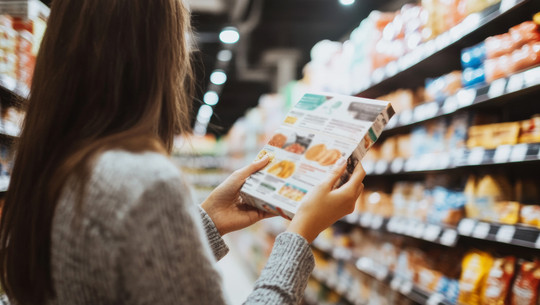 Clean Labeling: Tricks der Lebensmittelindustrie Eine Frau mit braunen Haaren und grauem Pullover hält eine verpackte Lebensmittelbox in den Händen und liest die Angaben auf der Rückseite in einem Supermarktgang mit Regalen voller Produkte.