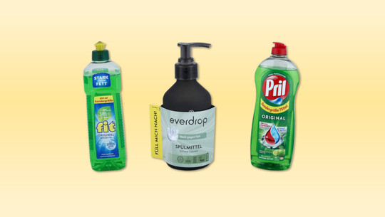 spuelmittel-marken-oekotest-260324 Spülmittel-Test von Öko-Test: Drei Spülmittelflaschen: links "fit Original", in der Mitte "everdrop" mit Pumpspender, rechts "Pril Original"
