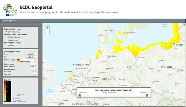 In-The card-of-the-von-vibrion-AM-28 screenshot-ECDC-2111_Download The occurrence of vibrions on July 28, 2020 is shown on the map.