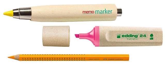 Leuchtmarker Textmarker nachhaltig Holz nachfüllbar Memo Marker, Edding Ecoline Highlighter, Faber-Castell Trockentextmarker