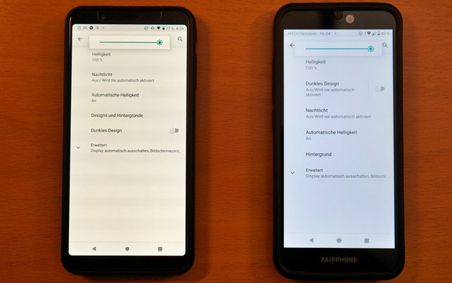 Shiftphones Shift6mq vs Fairphone3+ Shiftphones (l.) bietet bei kleineren Abmessungen mehr Display als das Fairphone 3 (r.)