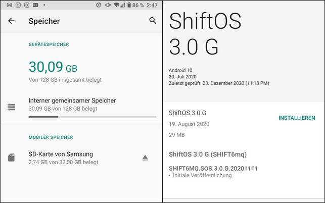 Shiftphones Shift6mq Screenshots Das Shift6mq kommt mit 128 GB internem Speicher (l.) und Android 10 (r.)