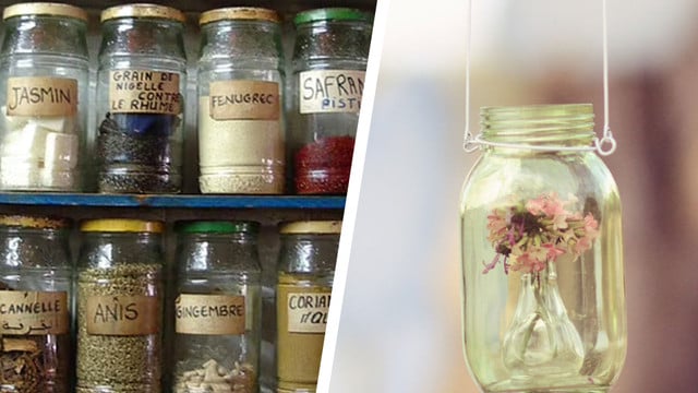 Leere Schraubgläser kannst du zum Gewürzregal umfunkionieren oder als Blumenampel nutzen. Leere Schraubgläser kannst du zum Gewürzregal umfunktionieren oder als Blumenampel nutzen.