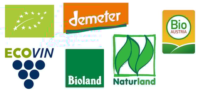 Biowein-Siegel Bio Ecovin Demeter Bioland Naturland Bio Austria Wichtige Biowein-Siegel: EU-Bio, Demeter, Ecovin, Bioland, Naturland, Bio Austria