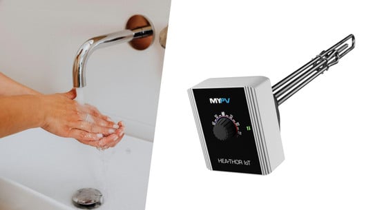 Photovoltaik Heizstab Links sind Hände unter einem Wasserhahn, rechts ein elektrischer Heizstab