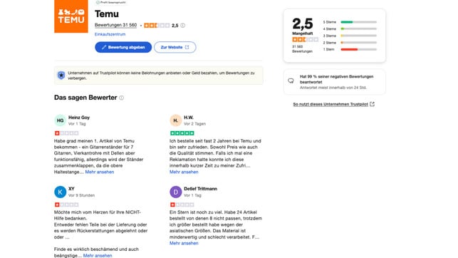 temu-qualitaet Bewertung bei Trustpilot: 2,5 von 5 Sternen – „mangelhaft“