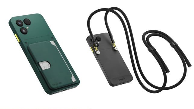 Vier Fairphone 6, dreimal von hinten, in den Farben grün, grau und weiß. Einmal von vorne in der weißen Variante. Fairphone 6