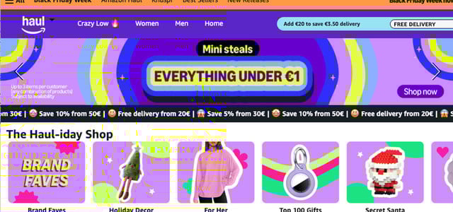 Billiger Temu-Klon? Was Amazon Haul ausmacht – und wie gut und sicher die Produkte sind (Screenshot: Amazon.de) Screenshot von Amazon.de Webseite, Rubrik Amazon Haul