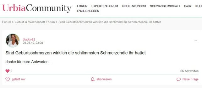 im-forum-urbiade-erkundigt-sich-eine-nutzerin-urbiade-220927_download Im Forum urbia.de erkundigt sich ein:e Nutzer:in, wie schlimm schwangere Personen den Geburtsschmerz tatsächlich empfunden haben.
