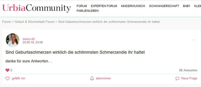 In the urbia.de forum, a user asks how bad pregnant people actually felt the pain of childbirth.
