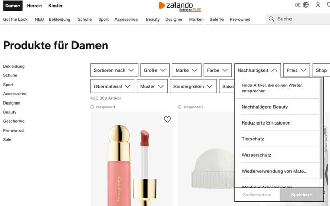 Screenshot-filter-sc-Zalando-220121-1280x800 Bei Zalando können Kund:innen Suchergebnisse filtern – auch nach Nachhaltigkeitsaspekten.