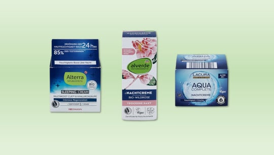 Nachtcremes im Test von Öko-Test Drei Nachtcreme-Verpackungen von Alterra (Rossmann), Alverde (dm) und Lacura (Aldi)