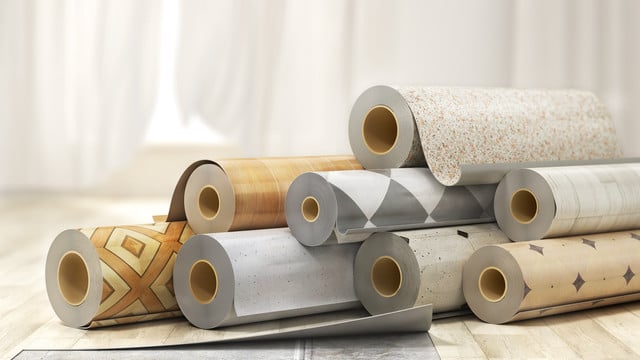 Rolls of linoleum with different texture. 3d illustration linoleum bodenbelag