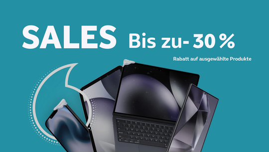 Vodafone Text auf blauem Hintergrund: „SALES Bis zu -30 % Rabatt auf ausgewählte Produkte“. Darunter sind verschiedene elektronische Geräte abgebildet, darunter ein Smartphone, ein Tablet und ein Laptop. Einige Geräte haben kleine Schneekappen auf den Ecken.