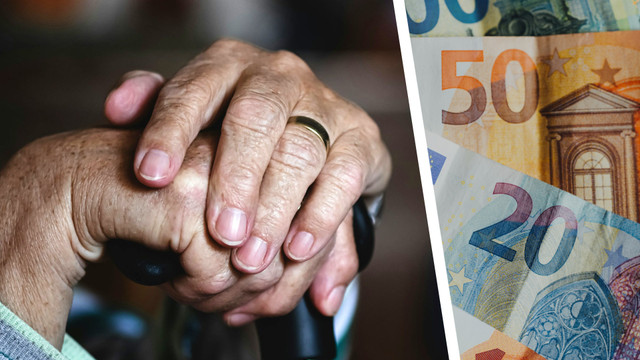 Grundsicherung im Alter: So viel Geld bekommst du, wenn du nie gearbeitet hast Hände eines älteren Menschen mit einem Gehstock und einem Ehering, daneben Ausschnitt von Euro-Banknoten in den Werten 100, 50, 20 und 10.