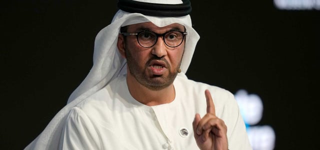 Sultan Ahmed Al Jaber, designierter Präsident der COP28 und Minister für Industrie und Fortschrittstechnologien der Vereinigten Arabischen Emirate, spricht während der Klima-Zukunftswoche im Museum of the Future.