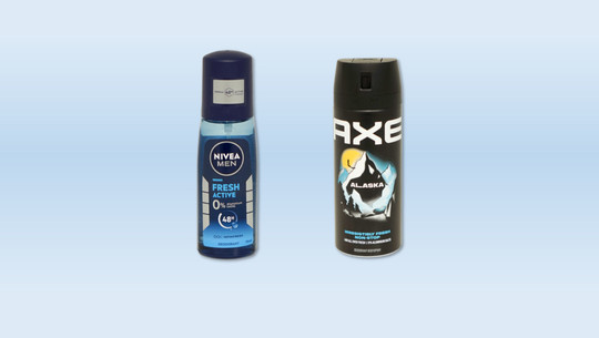maennerdeo-marken-oekotest-260623 Aluminiumfreie Deos für Männer bei Öko-Test: links Nivea Men Fresh Active, rechts Axe Alaska Deodorant Bodyspray