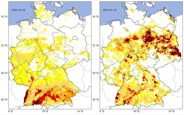 duerremonitor-wasser-deutschland-knapp-boden-z-Helmholtz-Zentrum-fuer-Umweltforschung-220321-1280x800 Mit dem Dürremonitor wertet das Helmholtz-Zentrum aus, wie trocken der Oberboden (links) und der Gesamtboden (rechts) in Deutschland sind.