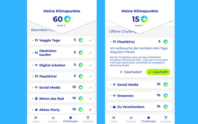 Worldwatchers Klimakompass CO2 App Die Klima-Challenges der Klimakompass-App bieten vielfältige Aufgaben mit steigenden Herausforderungen