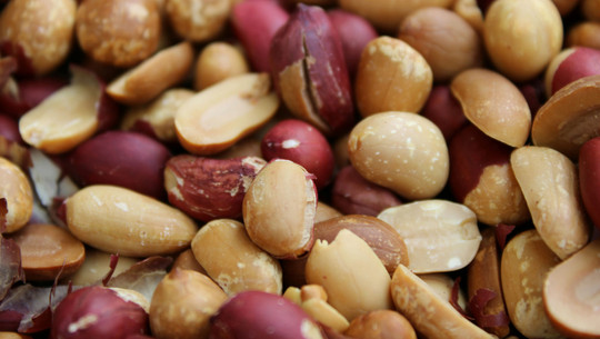 Jeden Tag Erdnüsse: Das sind die Folgen Nahaufnahme von ungeschälten und teilweise geschälten Erdnüssen mit brauner und rötlicher Schale.