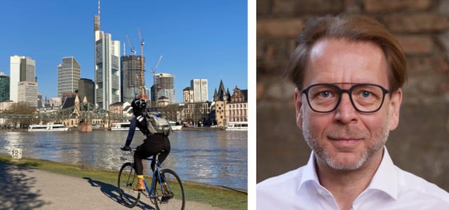 Mainufer der Fahrradstadt Frankfurt und Mobilitätsdezernent Wolfgang Siefert