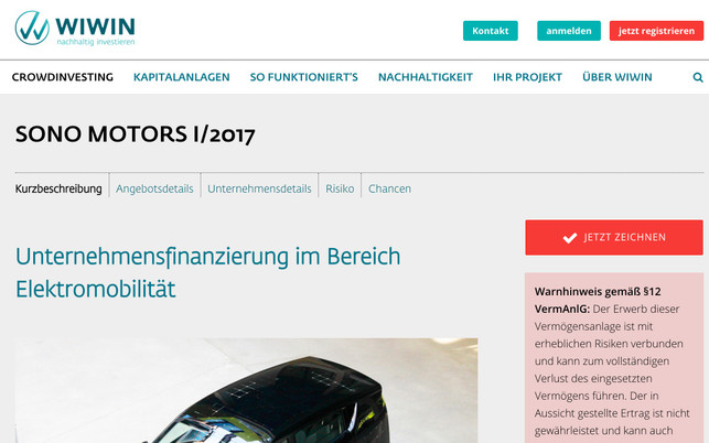 Crowdinvestment Wiwin.de Über die Crowdinvestment-Plattform Wiwin.de finanzierte sich u.a. das Solarauto Sono Motors Sion