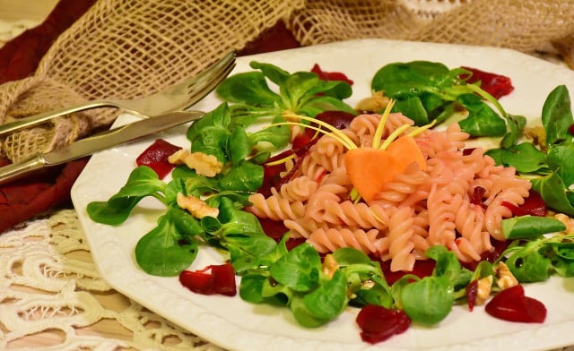 Combine beetroot noodles with winter vegetables, cheese and nuts.