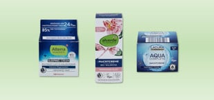 Drei Nachtcreme-Verpackungen von Alterra (Rossmann), Alverde (dm) und Lacura (Aldi)