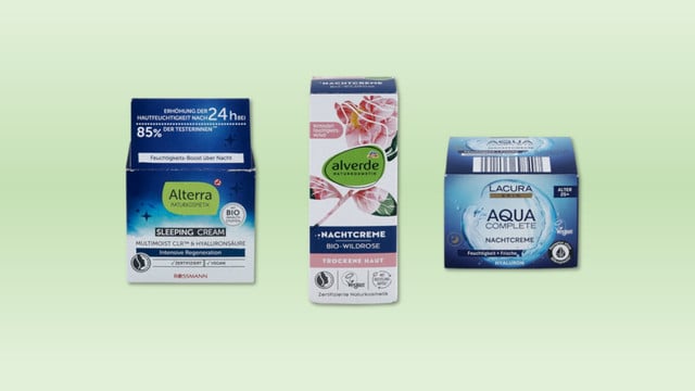Nachtcremes im Test von Öko-Test Drei Nachtcreme-Verpackungen von Alterra (Rossmann), Alverde (dm) und Lacura (Aldi)