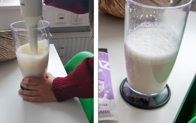 veganz-mililk-blaetter-aufschaeumen-240916 Die Hafermilch-Blätter ließen sich in einem von zwei Versuchen sehr gut pürieren.