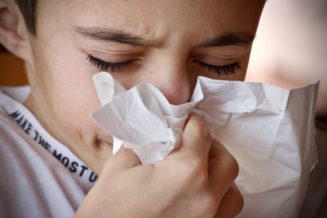 To avoid droplets infection, sick people should cough or sneeze in a handkerchief if possible.